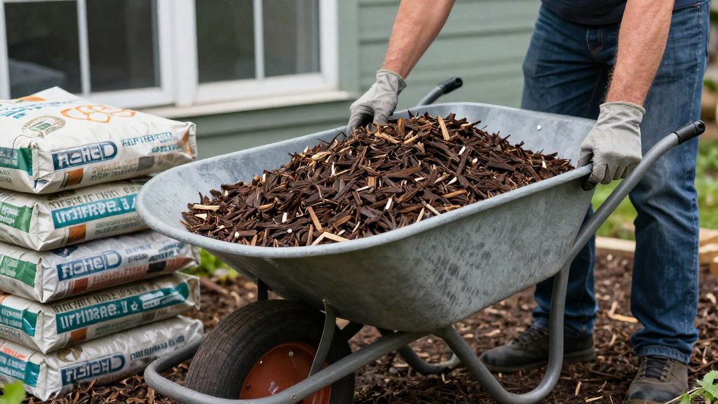 How do you calculate the volume of mulch for a flower bed?