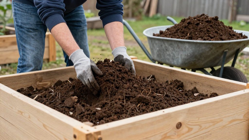 How do you calculate the volume of soil for a raised bed?