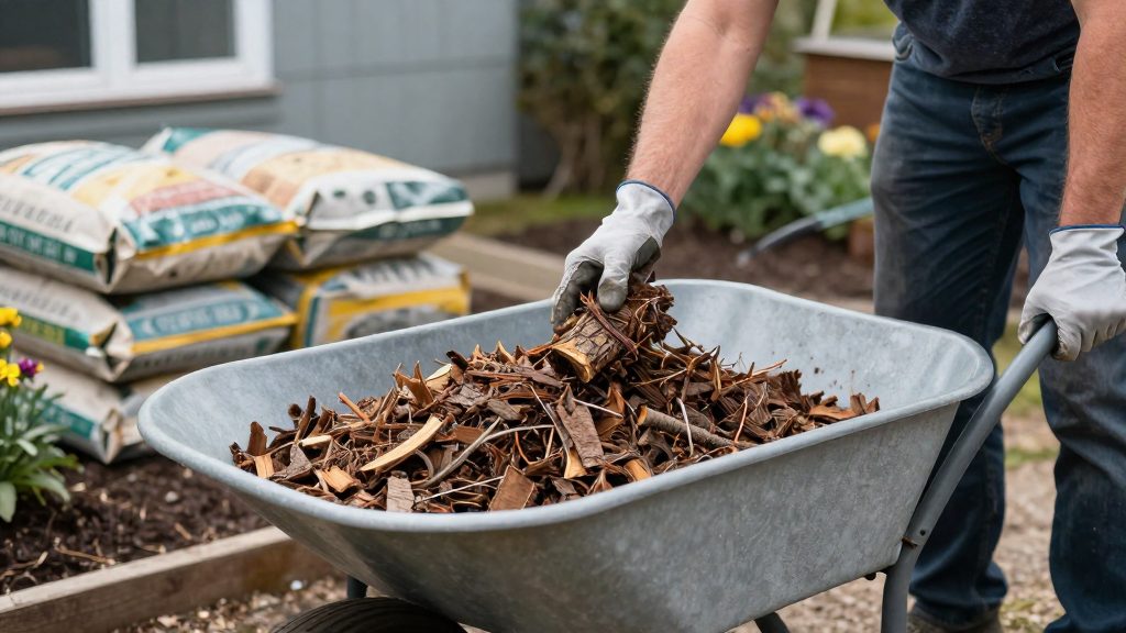 ¿Cómo se calcula el volumen de mulch para un parterre?